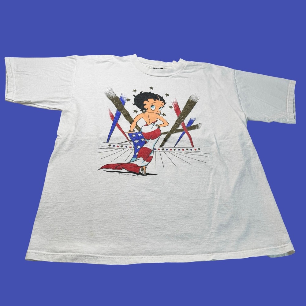Vintage Betty Boop T Shirt Glitter Large White Patriotic American Flag Cartoon
